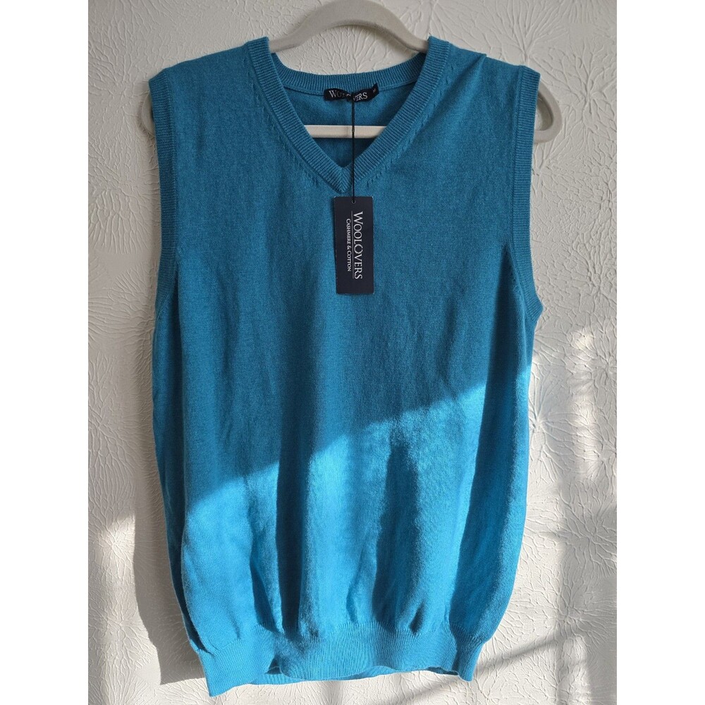 Woolovers NWT Mens Cashmere Cotton Blend Sweater Vest V-Neck Teal Blue M Unisex